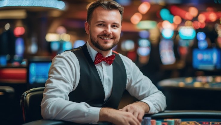 Tampilan dealer Speed Blackjack di studio live bioskopwin dengan multi-kamera
